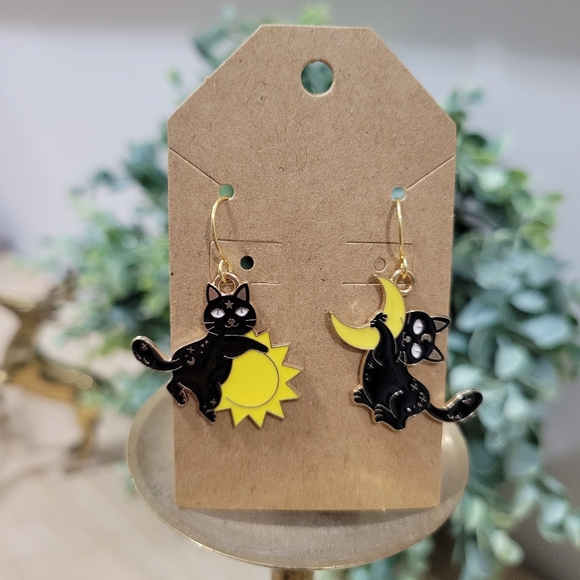 Handmade Jewelry - New 18k Gold Celestial Mismatch Sun and Moon Star Black Cat Enamel Earrings Gift